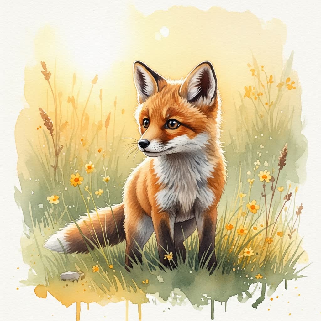A cute baby fox in a sunlit meadow, watercolor, golden hour