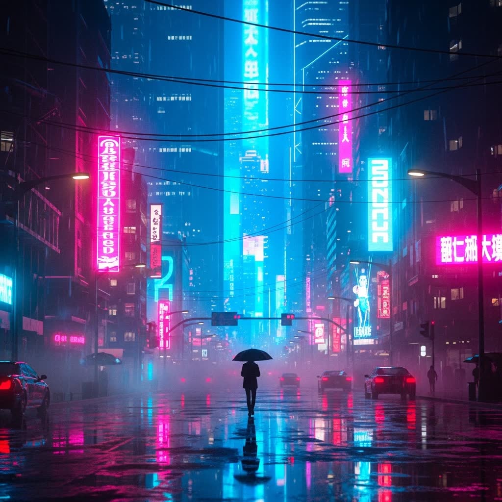 Cyberpunk city at night, neon lights, a lone figure with umbrella