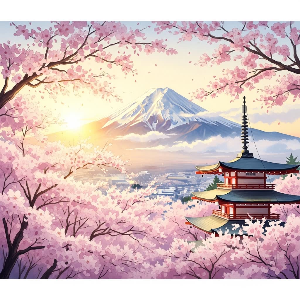 Mount Fuji at dawn, misty clouds, cherry blossoms, pagoda