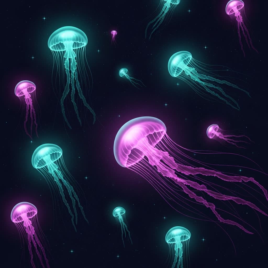 Bioluminescent jellyfish drifting through deep space