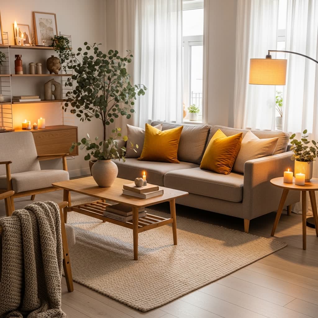 Cozy Scandinavian living room, yellow cushions, eucalyptus
