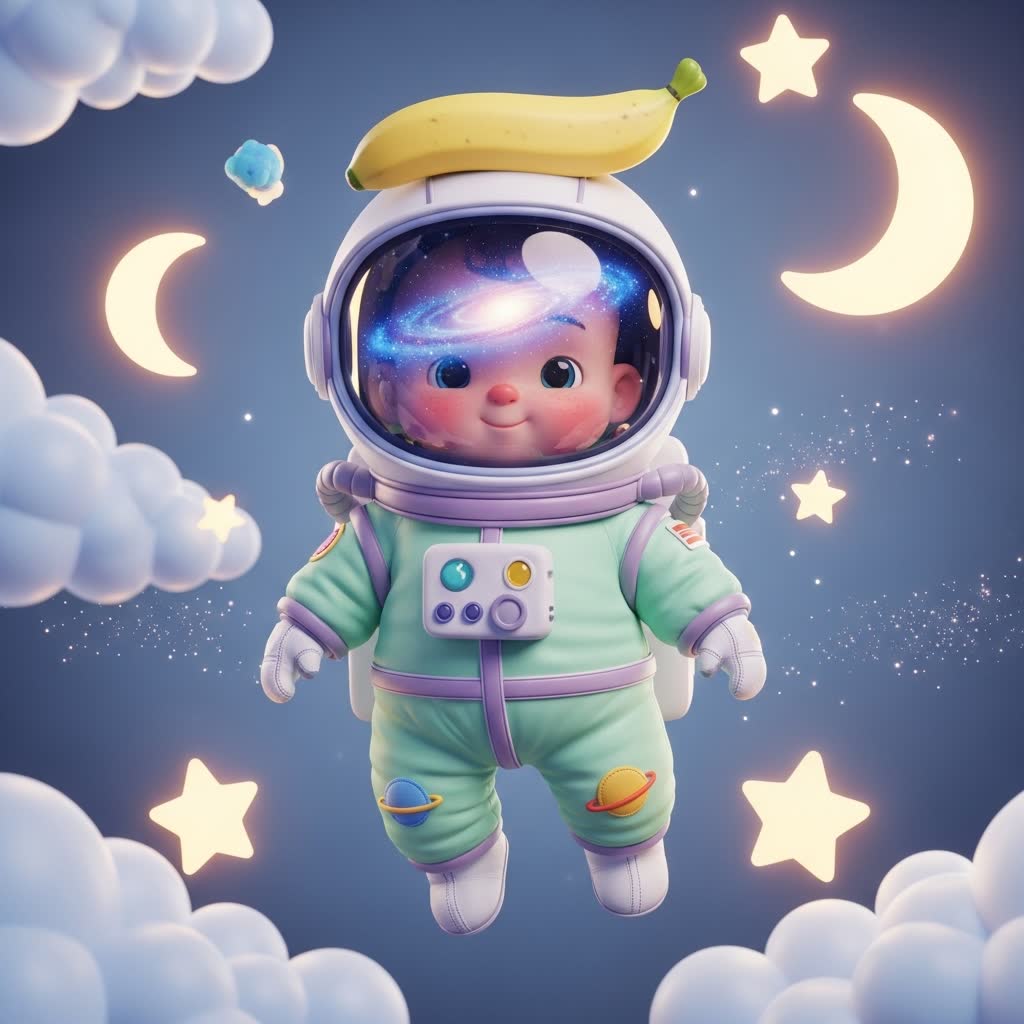 A cute astronaut baby floating in a cosmic nursery, 3D Pixar-style